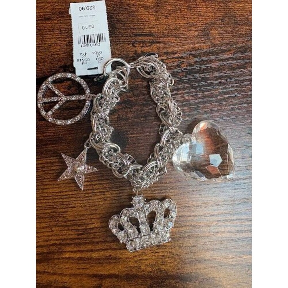 Silver Charm Bracelet with Crown, Star, and Peace Sign